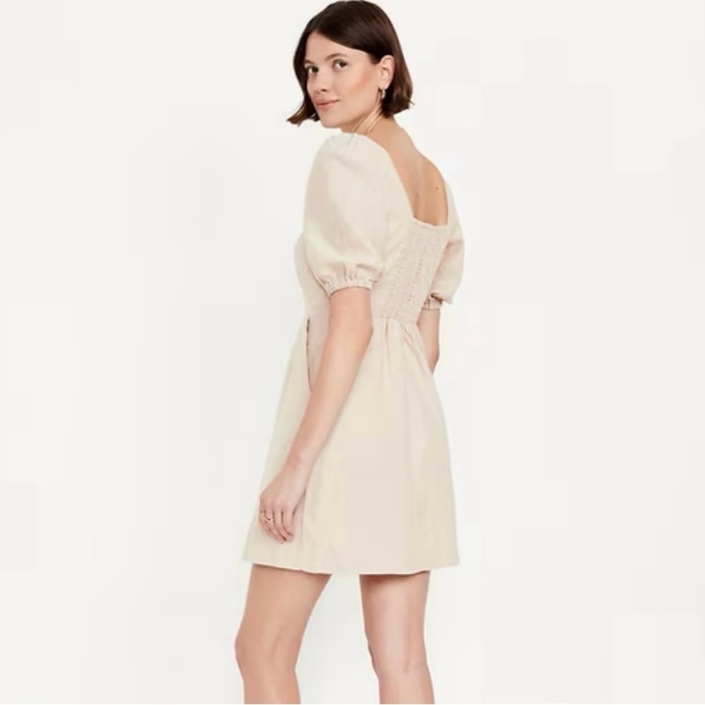 Old Navy Linen Blend Puff Sleeve Button Natural Tan Khaki Mini Dress Small NWT - Picture 2 of 6